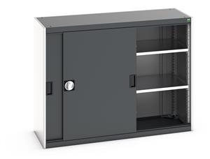 Bott cubio cupboard with lockable sliding doors 1000mm high x 1300mm wide x 525mm deep and supplied with 2 x 160kg capacity shelves.   Ideal for areas with limited space where standard outward opening doors would not be suitable.... Bott Cubio Sliding Solid Door Cupboards with shelves and drawers 1600mm high option available